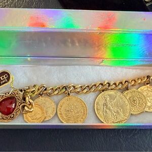 Vintage Carol Dauplaise  Charm Bracelet - British Coins, Red Crystal Charm w Tag